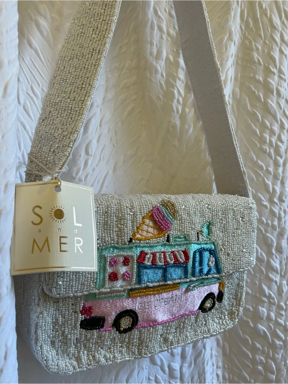 Sol & Mer White Beaded Ice Cream Truck Shoulder Bag - NWT **